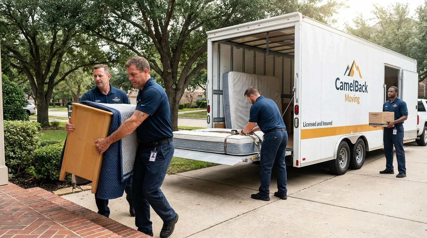 Crew loading residential truck for cross-state move from Justin, TX