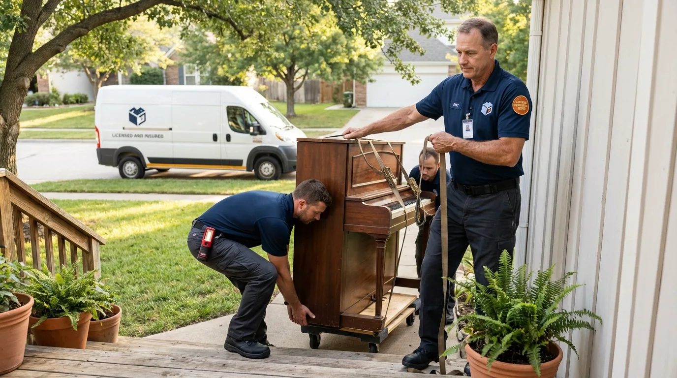 Licensed piano movers securing grand piano in Justin, TX