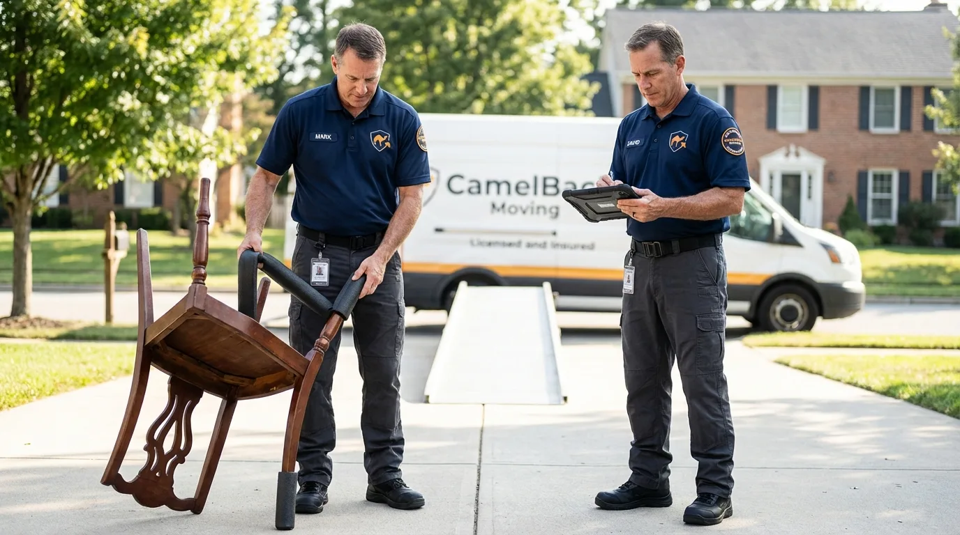 Movers inspecting furniture for damage prevention before loading in Justin, TX