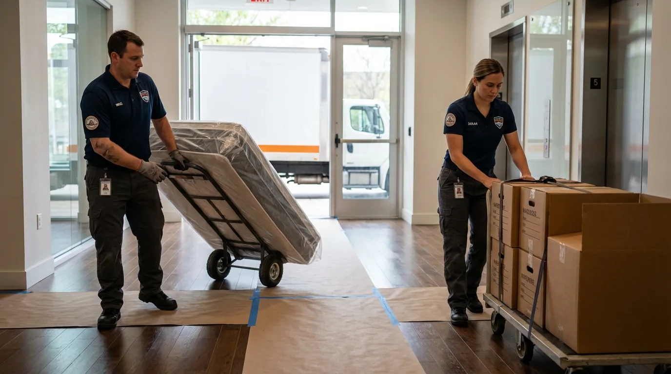 Professional apartment movers loading elevator in Justin, TX