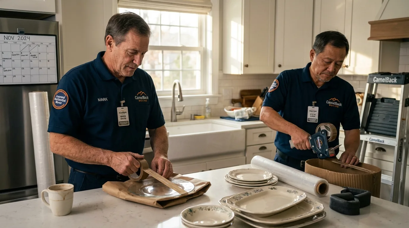 Professional crew packing kitchen dishware in Justin, TX